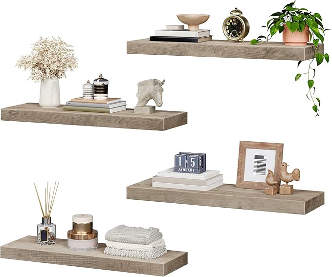 RALGEND Floating Shelves for Wall, 1.5" Thick Wall Shelf Set of 4 with Invisible Brackets, 23.6L x 7.9W Hanging Shelves Farmhouse Home Decor for Bathroom, Living Room, Bedroom, Greige 6301BJP4BG