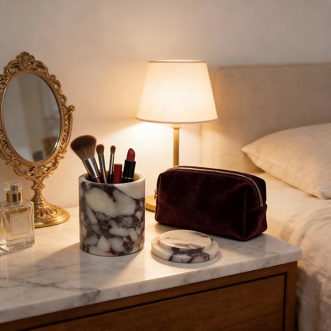 Luxury Marble Storage Box with Lid, White and Purple Veined Pattern, Decorative Organizer for Makeup Brushes, Jewelry, Bathroom Accessories (Round)