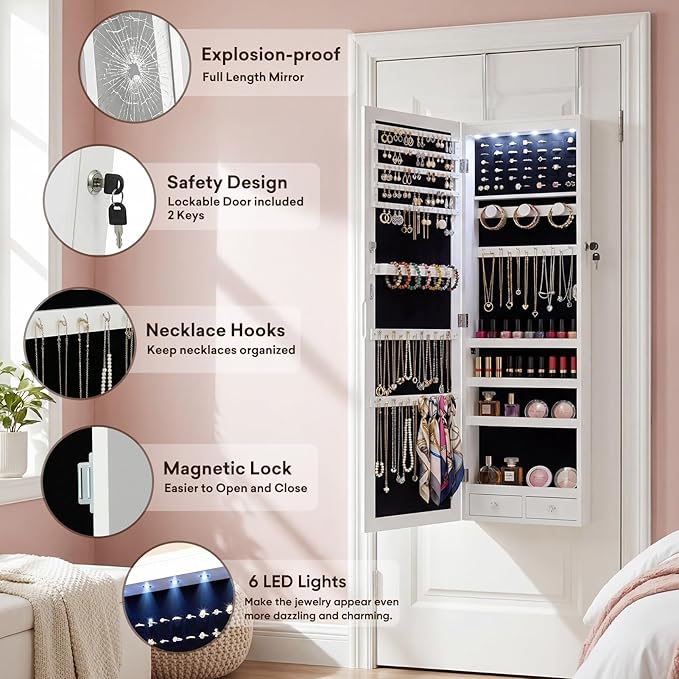Antok 6 LEDs Jewelry Cabinet with Lock, 48" Full Length Mirror Wall Mounted or Over The Door Jewelry Organizer, Large Capacity Storage for Bedroom&Cloakroom&Entryway, Gift for Women, White