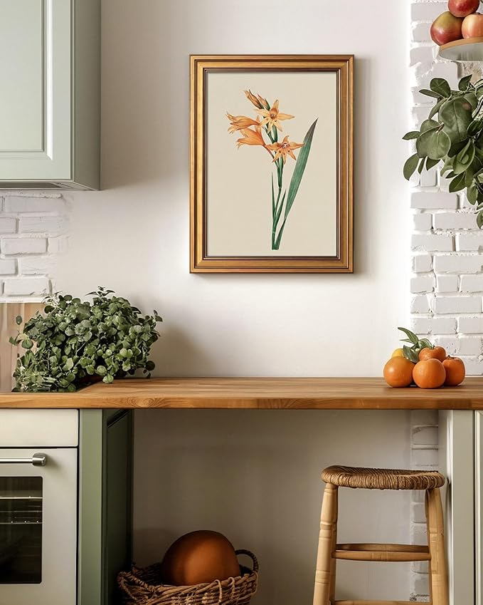 Bzstyleart Vintage Wall Art Decor for Living Room, Gladiolus Yellow Flower Wall Art Botanical, Vintage Floral Botanical Prints, Gold Framed Artwork Room Decor Aesthetic for Bedroom, 12 x 16 Inch