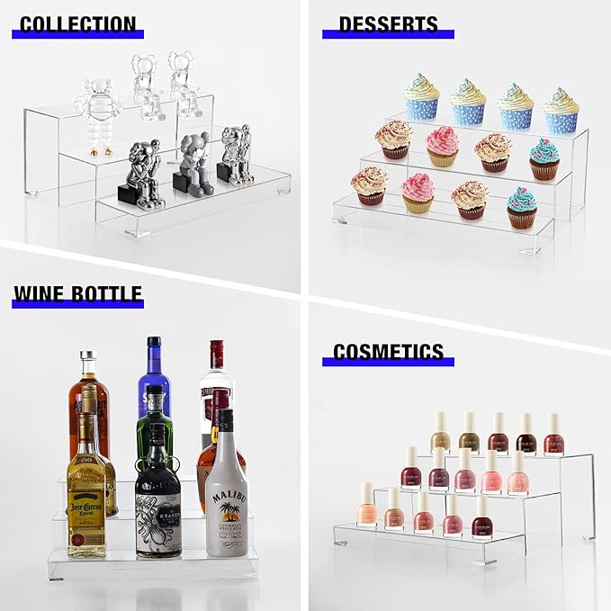 BARsics 3-Tiers Assembled Back Bar Bottle Rack Display, Clear Acrylic Stand Riser 15x6x12 inches