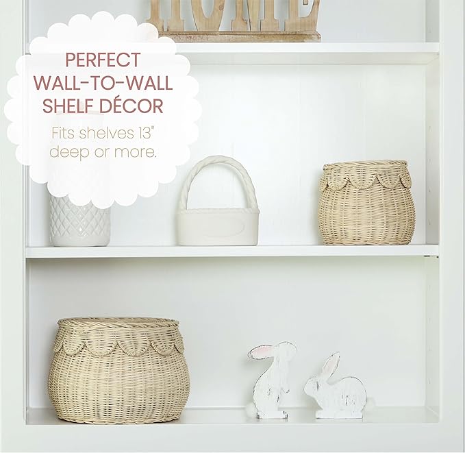 Scalloped Basket Set of 2 Small Natural Rattan Decorative Storage Baskets with Lids - Round Shape - Handwoven Natural Wicker Boho Décor for Shelves, Countertops & Gift Baskets.