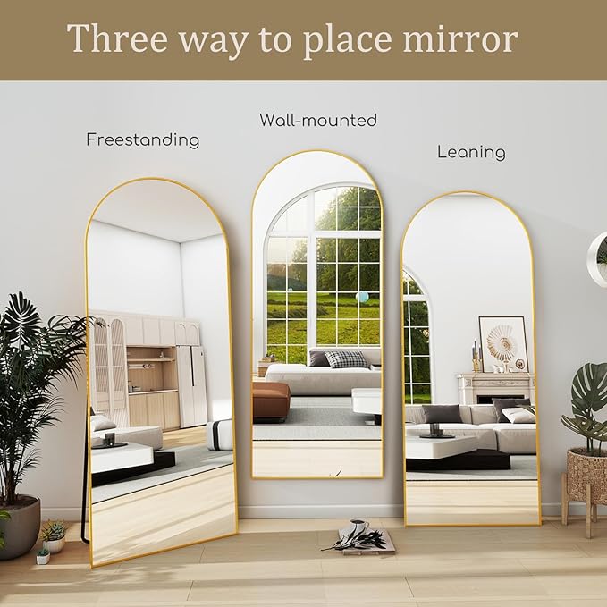 TinyTimes Full Length Mirror, 71''x30'' Floor Mirror with Stand, Arched Wall Mounted Mirror, Large Full Body Mirror with Aluminum Frame Hanging or Leaning for Bedroom, Living Room, Cloakroom (Gold)