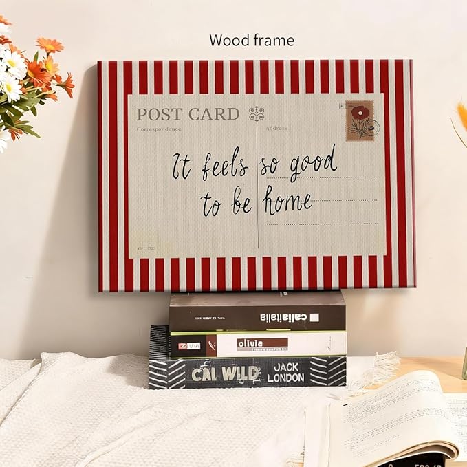 Red Vintage Postcard Poster It Feels So Good To Be Home Quote Wall Art Mid Century Modern Striped Canvas Prints for Living Room Bedroom Wall Decor 12X16 inch Wood Framed