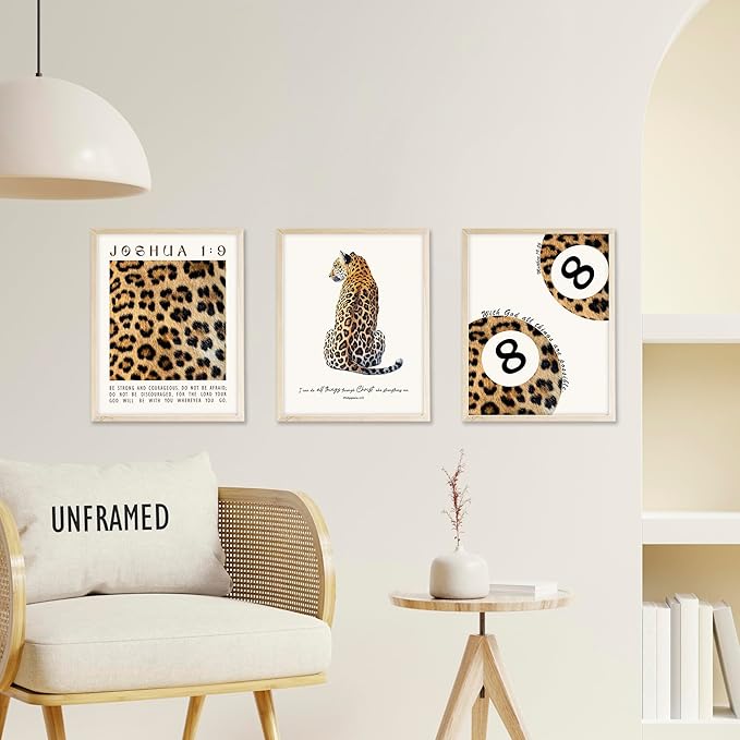Eastern Print Trendy Leopard Print Wall Art Set, Cheetah Prints Room Decor, Bible Verse Art Prints, Trendy Decor for Bedroom, Living Room, Lucky 8 Ball Aesthetic Posters, 6Pcs 8x10in, UNFRAMED