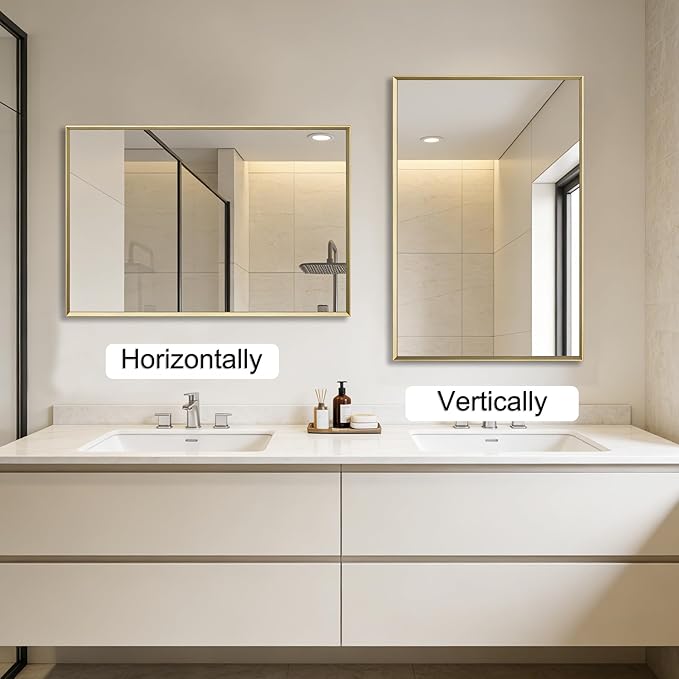 Bathroom Mirror for Wall, 16x24 Inch Metal Framed Mirror, Brushed Gold Rectangle Mirror, Bathroom Vanity Mirror Farmhouse, Tempered Glass, Anti-Rust, Hangs Horizontally or Vertically
