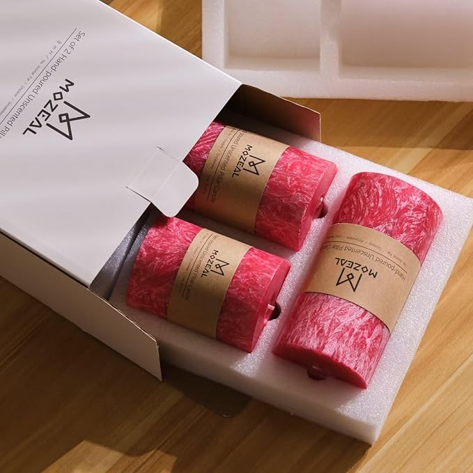 MOZEAL Hand-Poured, Unscented Red Crystal Pillar Decorative Candles, Elegant Set of 3 in Different Sizes (3"x4", 3"x5", 3"x6"), Luxurious Décor for Christmas Homes & Events