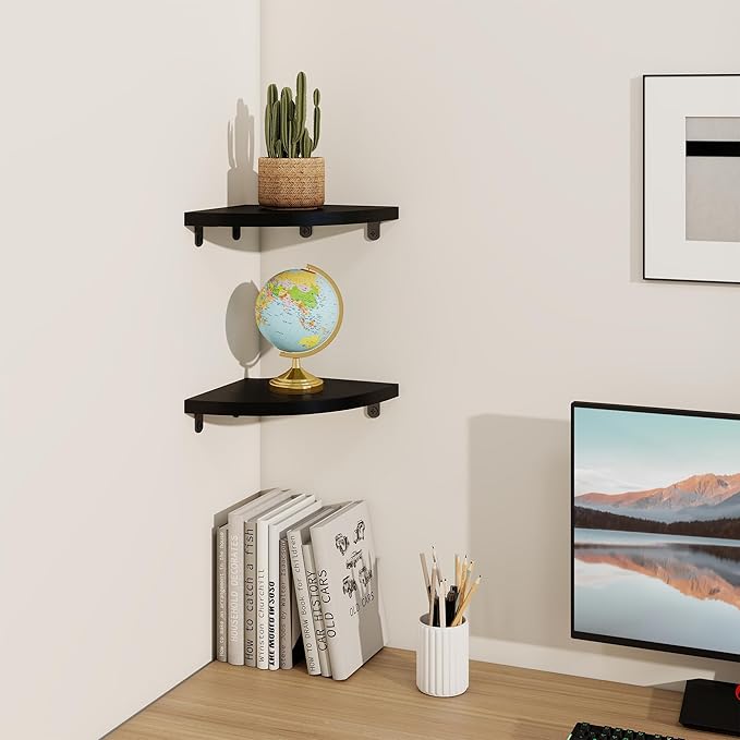 Fun Memories Corner Shelf Wall Mount, Solid Oak Wood Floating Corner Shelves with Cable Hole, 7in Rustic Design for Bedroom, Bathroom, Kitchen, Living Room (Black, 1 Pack)