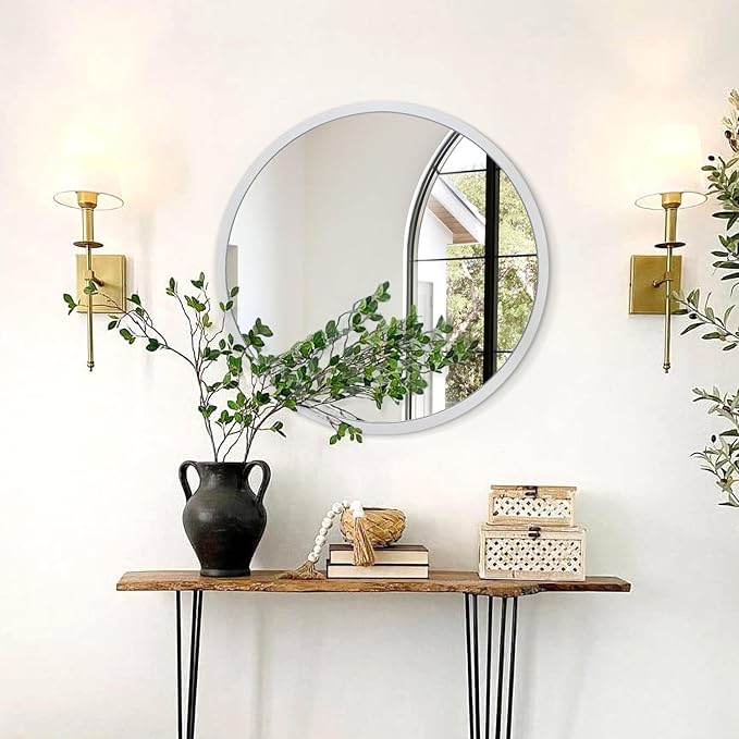 JJUUYOU Round Mirror Sliver Round Wall Mirror Metal Frame Bathroom Mirrors Circle Mirrors for Wal Living Room Bedroom Vanity Entryway Hallway 20 inch