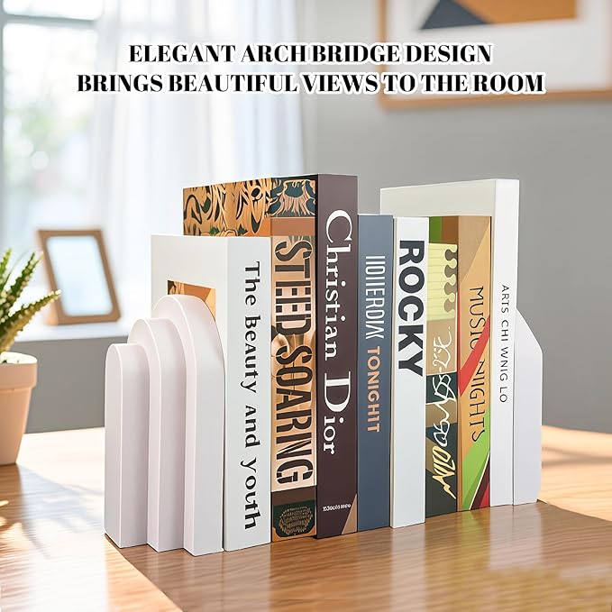 Book Ends, Bookend, Decorative Book Stopper for Shelves, Heavy Bookends for Shelves, Book Stopper for Heavy Books, Organizer for Home Office School, Aesthetic Pleasing Layered Arch Design (White)