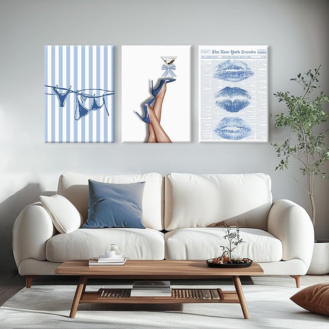 Blue Coquette Wall Art Decor Preppy Trendy Aesthetic Posters Funky Retro Y2k Canvas Wall Art Decor Blue Bow Bikini Lips Prints Girly Room Artwork for Dorm Bedroom 12x16 Inch Wrapped Canvas Set of 3