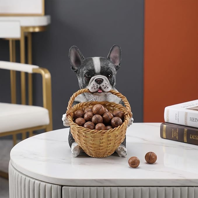 Dog Resin Storage Basket, Desktop Organizer for Remote & Keys, Cute Home Decor Tray, Ideal present for Pet Lovers.(French Bulldog Biting Basket)
