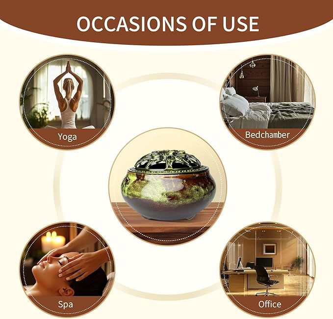 Ceramic Incense Burner, Bowl Burner,Cone Incense Burner with Brass lid for use with Stick or Cone-Shaped Incense,Lotus Incense Stick Holder Calabash Incense Stick Holder, 3pc (Fambe Green)