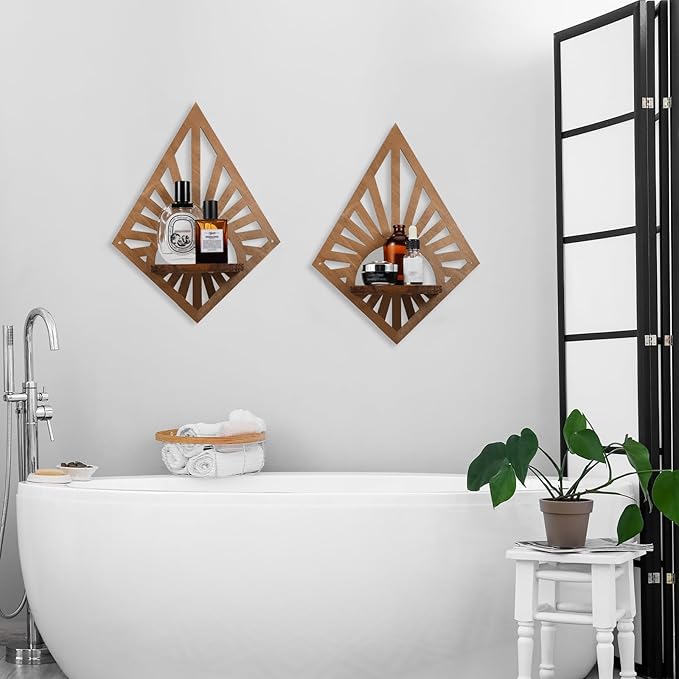 Menkxi 2 Pcs Boho Wall Shelf Mid Century Modern Shelf Wooden Rainbow Floating Shelves Brown Decorative Plant Wall Shelves Natural Vintage Hanging Holder for Nursery Living Room Decor(Diamond)