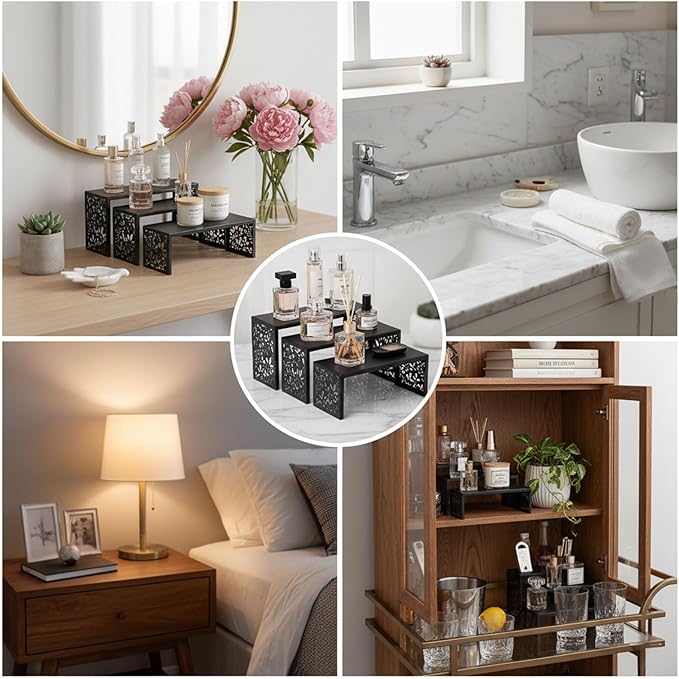 AIM & GGKK 3-Tier Black Perfume Organizer Stand | Rustproof Metal Cologne Display Rack for Cluttered Vanity & Bathroom | Space-Saving Vertical Fragrance Holder & Elegant Cupcake Tower for Party Decor