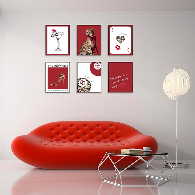 Eastern Print Trendy Red Leopard Wall Art, Set of 6 Cheetah Print Posters, Fashion & Empowerment Decor for Womenâs Room, Girl Boss Bedroom Gallery Aesthetic, Unframed (8x10 inch)