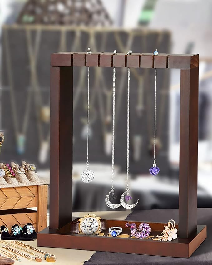 Moon Phase Pendulum Display Stand with Tray, Wood Wiccan Crystal Holder for Up 15 Pendulum, Witchcraft Supplies Witch Organizer for Incense Charging Necklace Healing Stone Gift Rack
