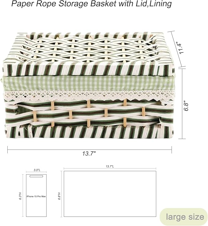 Paper Rope Storage Basket with Lid,Handmade Woven Rustic Green Shelf Basket for Organizing, Decor-Detachable & Washable Lining (Large)