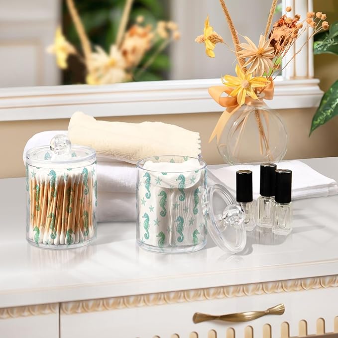 Green Seahorses Starfish Print Bathroom Containers Holder with Lids Set Clear Jars 2 Pack Plastic Makeup Storage Organizer 4.13 x 2.75In for Cotton Swabs Pads Hair Clips