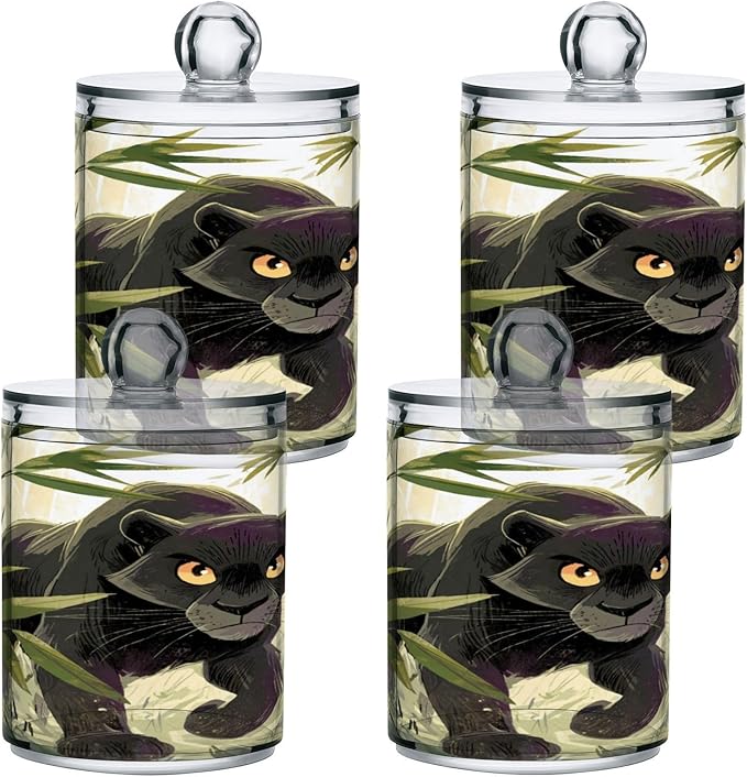 2 Pack Apothecary Jars,Panther in Jungle Grass Bathroom Vanity Storage Organizer Set,Small Clear Plastic Storage Jars Bathroom Canister for Cotton Swabs,Rounds,Balls,Qtips,Makeup Sponges
