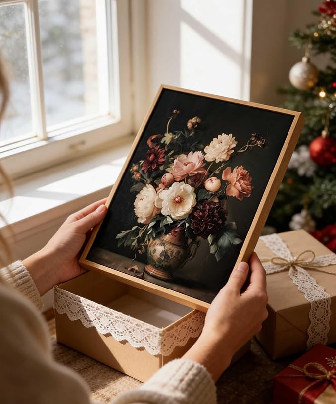 Framed Vintage Dark Floral Wall Art Moody Flower Picture Wall Decor Retro Antique Still Life Painting Print Artwork for Bedroom Bathroom Home Decoration 8x10in