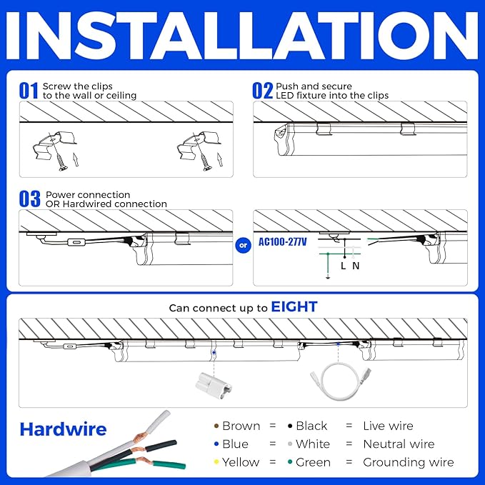 Barrina T5 4FT LED Shop Light, 2200lm,5000K Daylight White, 20W Utility Light Fixture, Ceiling and Under Cabinet Lights for Workshop Garage, Corded Electric with ON/Off Switch, 6 Pack