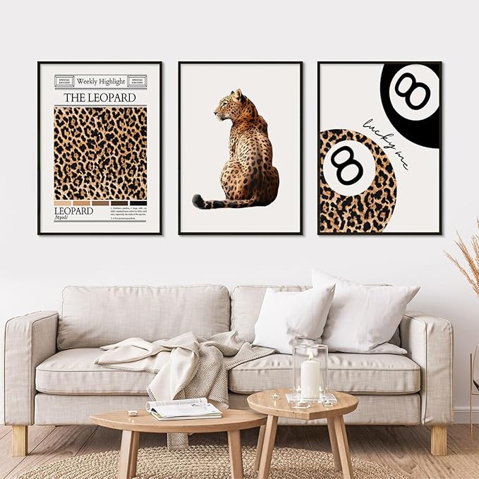 Lhoiplme Trendy Leopard Wall Art Cheetah Print Canvas Wall Decor 8 Ball Poster Preppy Room Aesthetic Pictures Funky Coquette Vintage Prints Y2k Fashion Lucky Posters for Bedroom 24x36x3 Inch Unframed