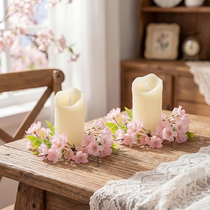 Daifunli 2 Pcs Spring Cherry Blossom Candle Ring Artificial Cherry Blossom Wreaths for Pillar 3.9 Inch Candles Holder for Spring Country Wedding Kitchen Rustic Table Centerpiece Decor