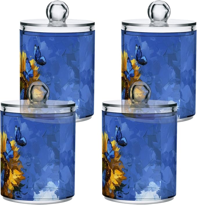 2 Pack Apothecary Jars Yellow Sunflower and Butterfly Bathroom Vanity Storage Organizer Set,Small Clear Plastic Storage Jars Bathroom Canister for Cotton Swabs, Rounds, Balls, Qtips,Makeup Spon