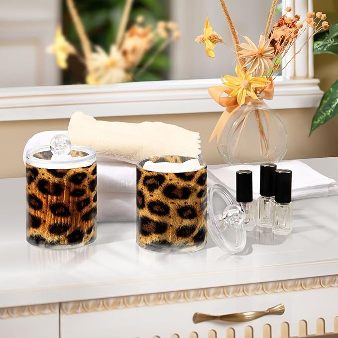 Nander 2Pack Beautiful Brown Leopard Print Qtip Holder Dispenser -Clear Plastic Apothecary Jars Set - Restroom Bathroom Makeup Organizers Containers for Cotton Swab, Ball, Pads, Floss