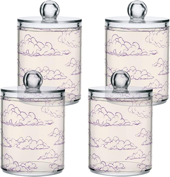 2 Pack Apothecary Jars Watercolore Purple Cloud Shape Bathroom Vanity Storage Organizer Set,Small Clear Plastic Storage Jars Bathroom Canister for Cotton Swabs, Rounds, Balls, Qtips,Makeup Spon