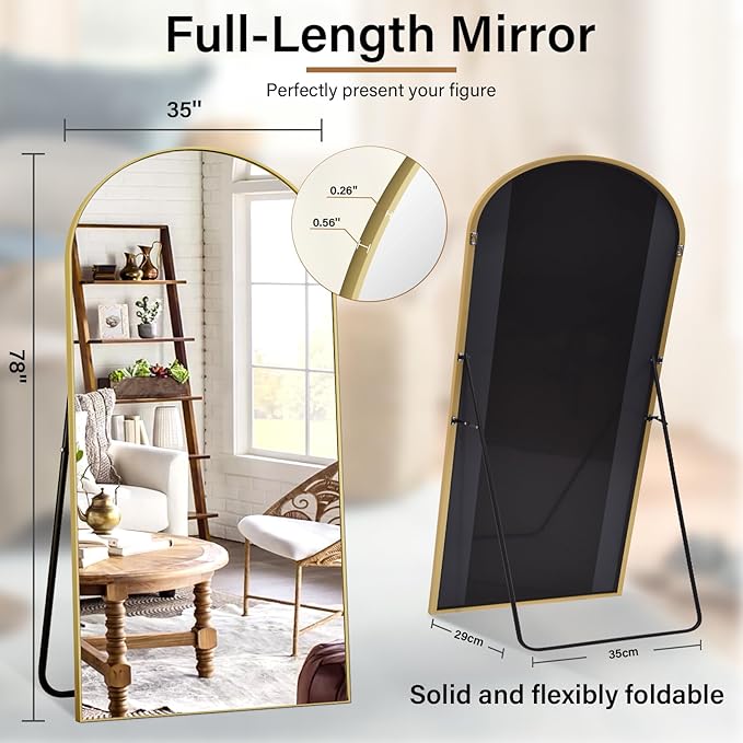 Arched Full Length Mirror 78"x35" - Floor Standing Body Mirror with Aluminum Frame,Leaning Hanging for Bedroom Cloakroom Living Room Gold