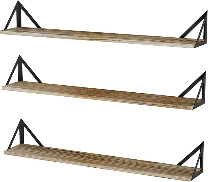 Wallniture Minori Wall Bookshelves for Living Room Decor, 36" Floating Shelves for Bathroom, Kitchen, Bedroom, Floating Bookshelf Wall Storage, Set of 3 Natural Burned