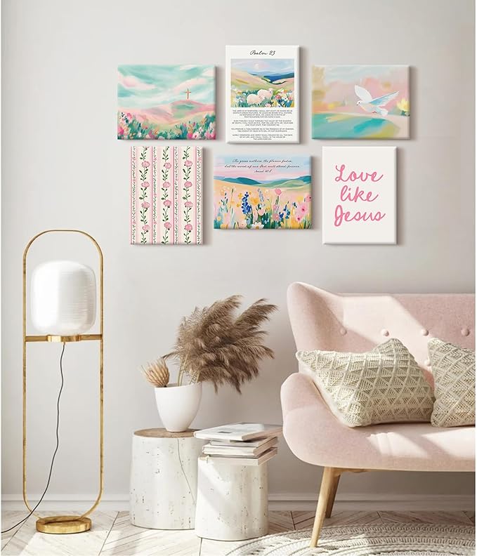Pastel Pink Christian Wall Art Bible Verse Preppy Canvas Wall Decor Girl Trendy Christian Poster Aesthetic Floral Scripture Prints Cute Religious Pictures for Girls Room 8x10 Inch Ready to Hang 6Pcs