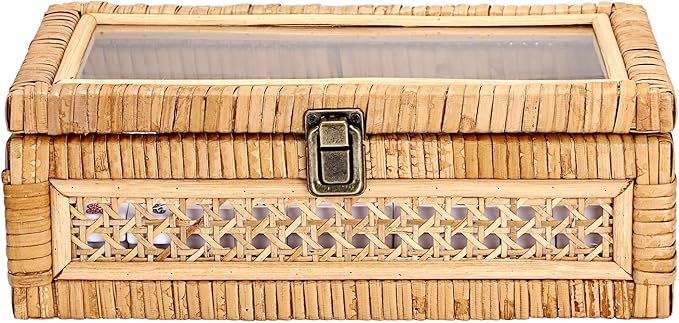 Rattan Box Rattan Decorative Storage Box with Lid Rectangular Wicker Rattan Basket Box for Shelf Rattan Box for Decor,11"L x 7.1"W x 4"H