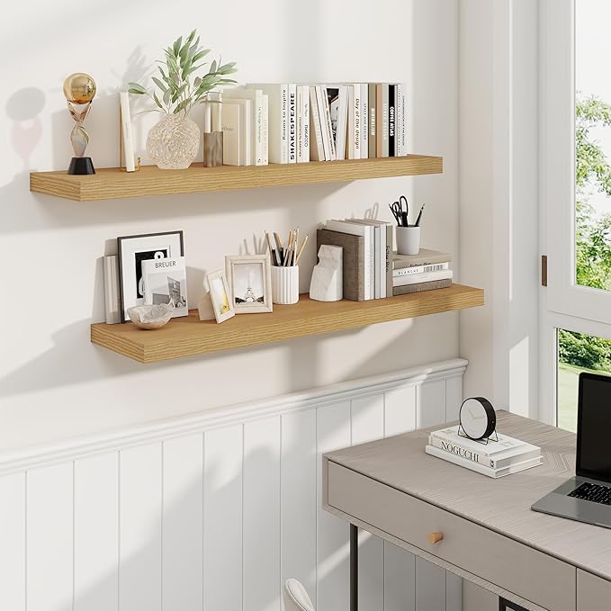 Fun Memories 40 Inch Oak Floating Shelves, 9.3 Inch Deep Wall Shelves for Living Room|Bedroom|Kitchen, Rusitc Wall Mounted Bathroom Shelves 2 Pack, Heavy-Duty Deep Shelf for Books,Decor