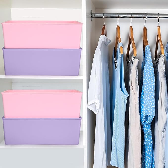 Menkxi 6 Pcs Large Plastic Storage Bins with Lids 14.4 x 10.4 x 5.1 Inch Stackable Storage Containers Decorative Cubby Organizer for Clothes Shelves Garage Closet Office (Pink, Purple)