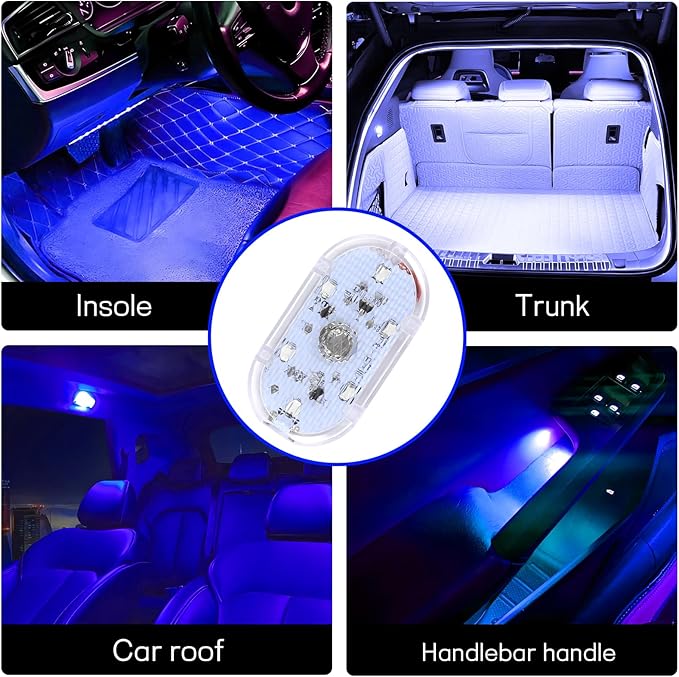 4 PCS Car LED Lights Interior Wireless, Super Bright Auto Interior Ambient Light with 6 Bright LED Lamp Beads, Portable USB Rechargeable Car Led Night Light for Vehicle Decor(Blue)