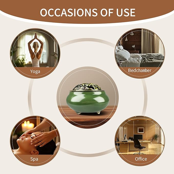 Ceramic Incense Burner, Bowl Burner,Cone Incense Burner with Brass lid for use with Stick or Cone-Shaped Incense,Lotus Incense Stick Holder Calabash Incense Stick Holder, 3pc (Dark Green)