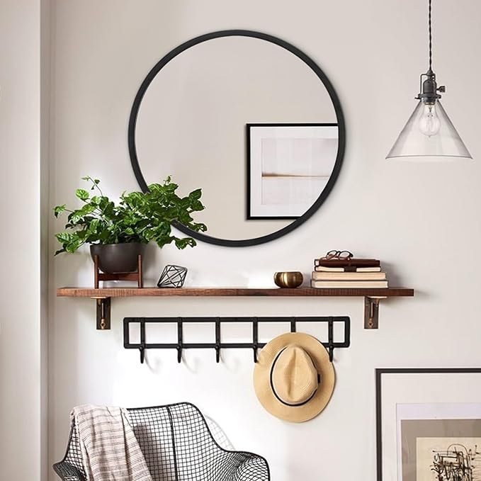 JJUYOU Black Round Framed Mirror - 16" Circle Wall Mirror for Bathroom, Bedroom & Living Room - Modern Aluminum Alloy Metal Frame