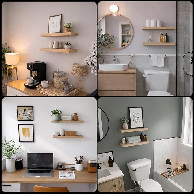 Floating Shelves for Wall, 24" Wall Mounted Shelves, Rustic Farmhouse Decor & Storage for Bathroom, Kitchen, Living Room, Dining Room, with Invisible Brackets, Set of 2, Oak