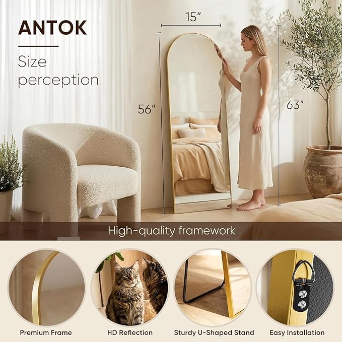 Antok Arched Full Length Mirror, 56"x15" Gold Metal Frame Floor Mirror for Bedroom Living Room, Freestanding/Wall Mount/Leaning