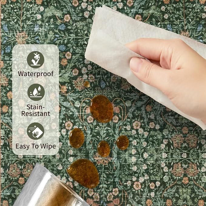 Rugxara 6x9 Area Rugs for Living Room Bedroom, Large Washable Rug, Green Vintage Floral Boho Rug, Non Slip & Low Pile Faux Wool Thin Carpet for Indoor Dining Room and Kids Room(Green 6x9ft)
