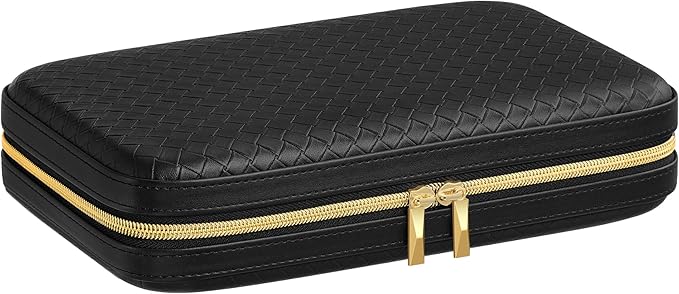 SONGMICS HOME Travel Jewelry Case, Jewelry Organizer Box with Mirror, Jewelry Pouch, Woven Embossed PU Leather, Hard Shell, Large Capacity, Gift Idea, Ink Black UJBC204B01