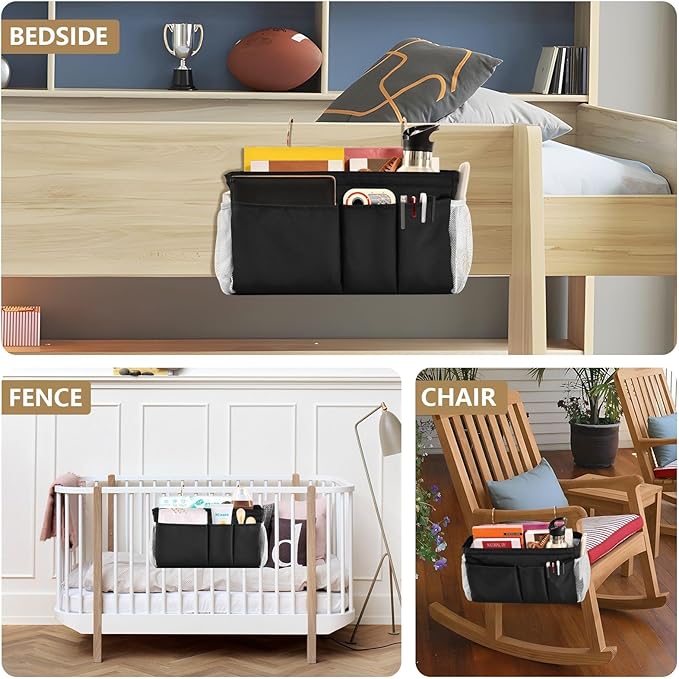 Black Bedside Caddy Storage Bag Bedside Organizer for Bed Rails College Dorm Room Organizer Caddy Hanging Shelf 6 Pockets with Hooks for Drinks Magazine Phone Holder