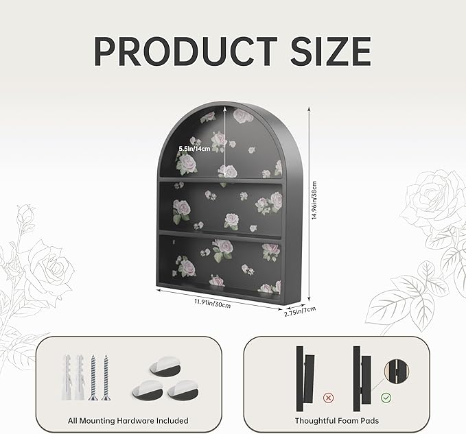 Arched Trinket Shelf - 15 Inch Black Wood Wall Mounted Trinket Display Shelves for Crystals, Nails, Bohemian Decor Organizer for Bedroom, Bathroom & Home