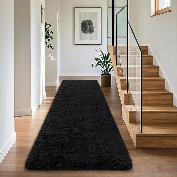 BENRON Soft Runner Rugs for Bedroom 2x8, Washable Long Runners for Hallway Entryway Kitchen Dorm, Fluffy Throw Rug for Kids Girls Room Decor Photo Prop, Black