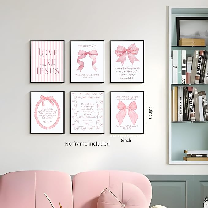 3 Piece Pink Bows Wall Art for Girls Room, Bible Verse Pictures Bathroom Decor, Coquette Posters Prints, Cute Teen Room Decoration, Dorm Decor for College, College Gifts for Girls 8x10 Inch