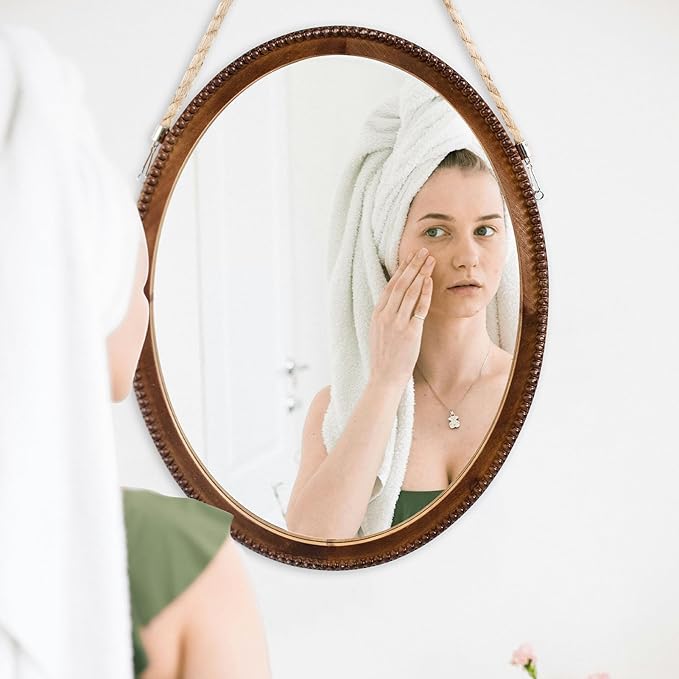 OKSQW 20 Inch Oval Wall Mirror Wooden Bead Frame Art Decorative Rustic Farmhouse Wooden Mirror Hanging Mirror with Rope for Entryway Bedroom Living Room Bathroom