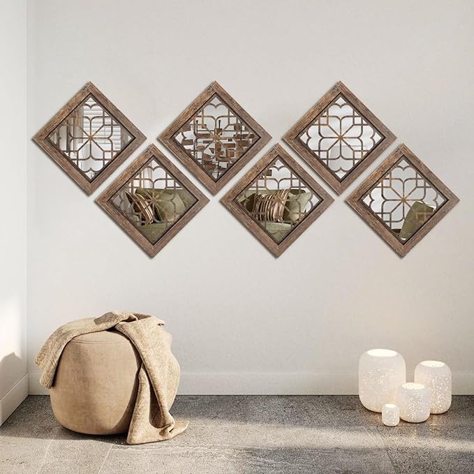 Set of 4 Boho Wall Mirrors with Carved Floral Design, 12x12 Inch Rustic Farmhouse Accent Mirrors, Vintage Style Shatterproof Square Mirror Decor for Living Room, Bedroom(Redbrown)